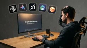 Developer at a desk facing a "Usage limit reached" message on screen, with ChatGPT, Gemini, Grok, GitHub Copilot, and Cursor logos floating above as Claude AI alternatives.